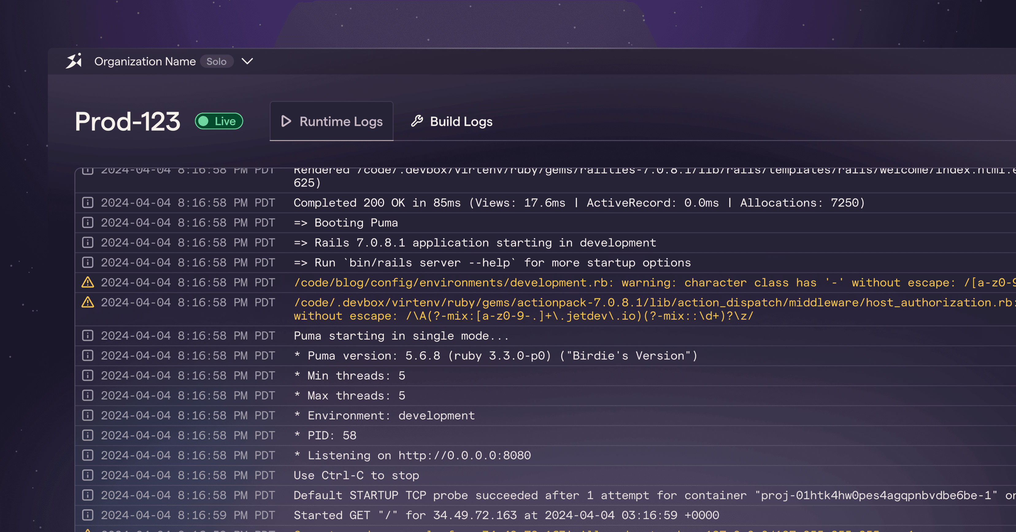 Jetify dashboard deployments showing runtime logs