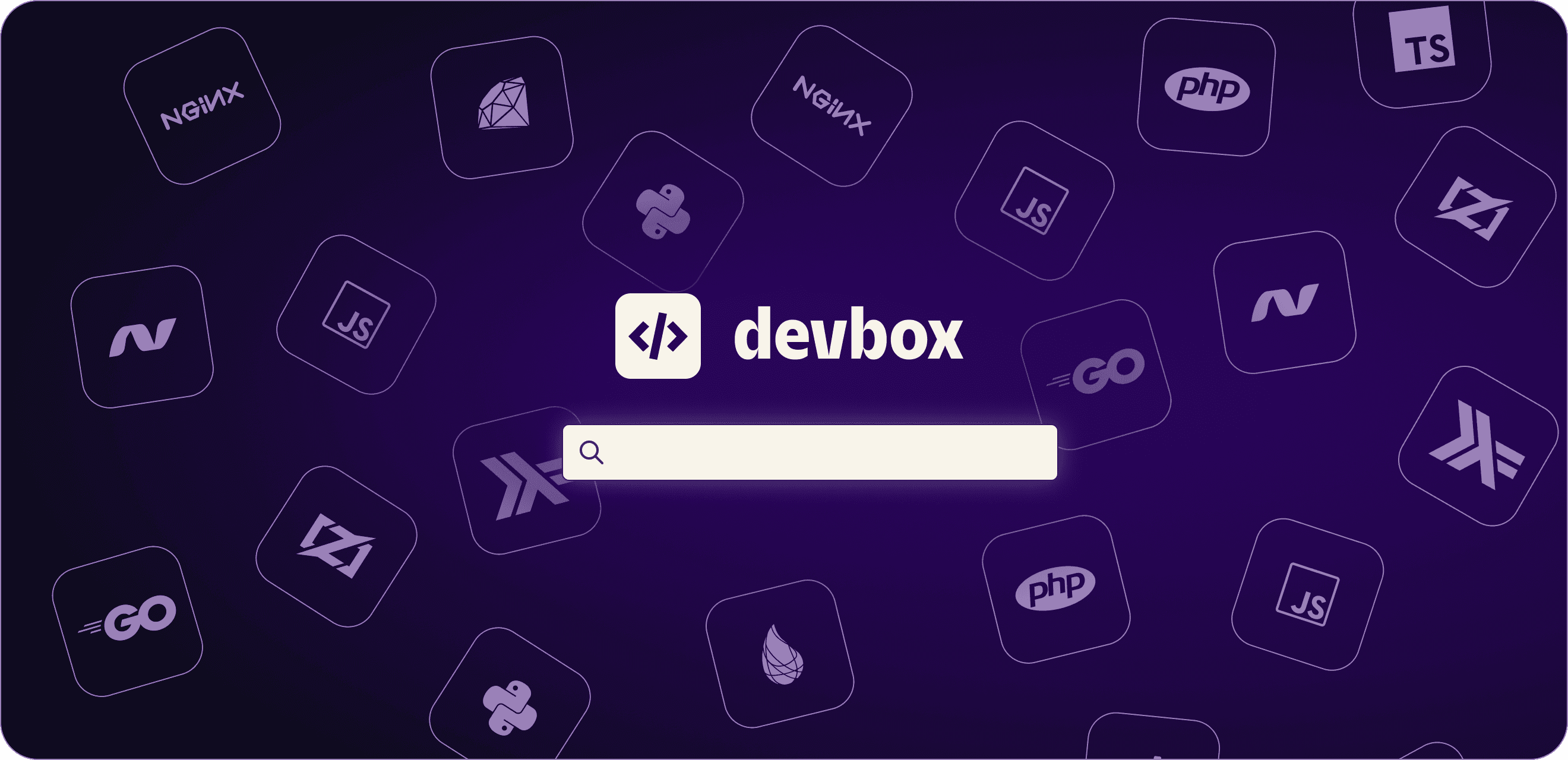 Search bar with devbox at the title and logos of programming languages and tools in the background