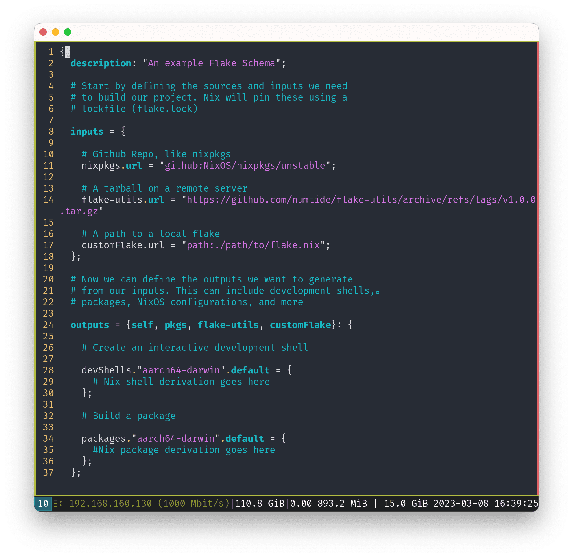 An example Flake schema. This flake takes inputs from 3 different URLs, and uses them to generate a development shell and a package for macOS on aarch64. In practice, you can define a wide range of outputs and targets using Flakes.